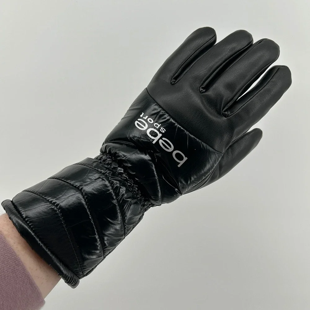 Bebe Sport Black Faux Leather Puffer Sherpa Lined Quilt Winter Gloves Women L/XL